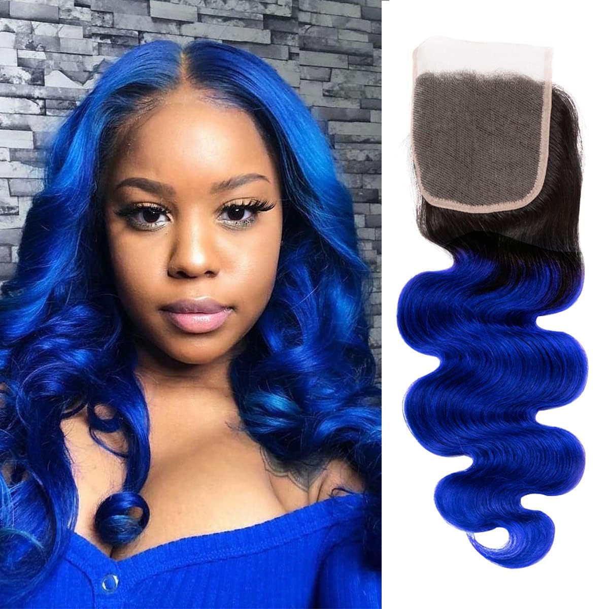 Blue Closure 4x4 Lace Closure 100% Human Hair Brazilian Body Weaving ombre blue Color Virgin Hair Closure(18inch Blue)