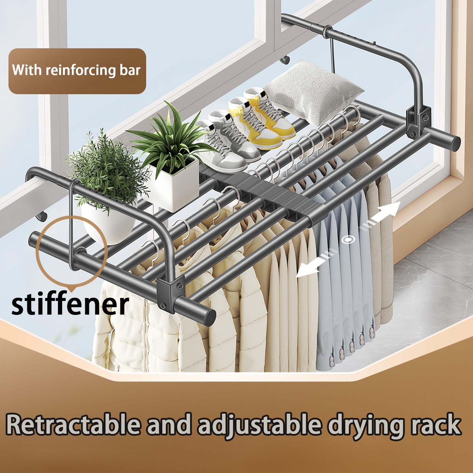 HJXGQJM Wäschetrockner Balkon Heizkörpertrockner Klappbar Hängetrockner Balkonwäschetrockner Ausziehbar Wäscheständer Wandmontage Heizkörper Edelstahl Trockenständer(Grey,60-106cm)