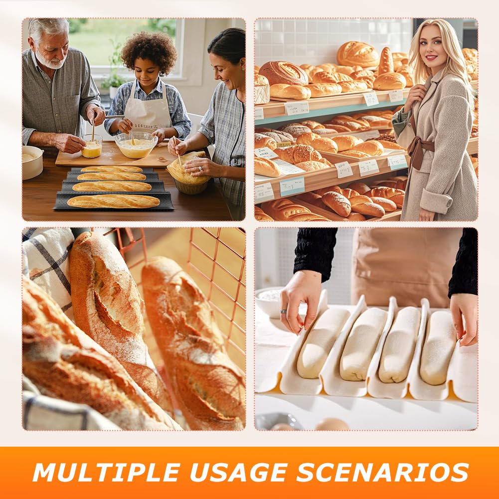 Juego de moldes para hornear baguette francés, 4 moldes perforados con paño de prueba y cortador de masa, kit completo de herramientas antiadherentes para hornear pan casero, pan italiano, 15 x
