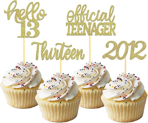 24 adornos para cupcakes con purpurina para cumpleaños número 13, decoraciones para tartas de cumpleaños de 13 años, decoraciones oficiales de
