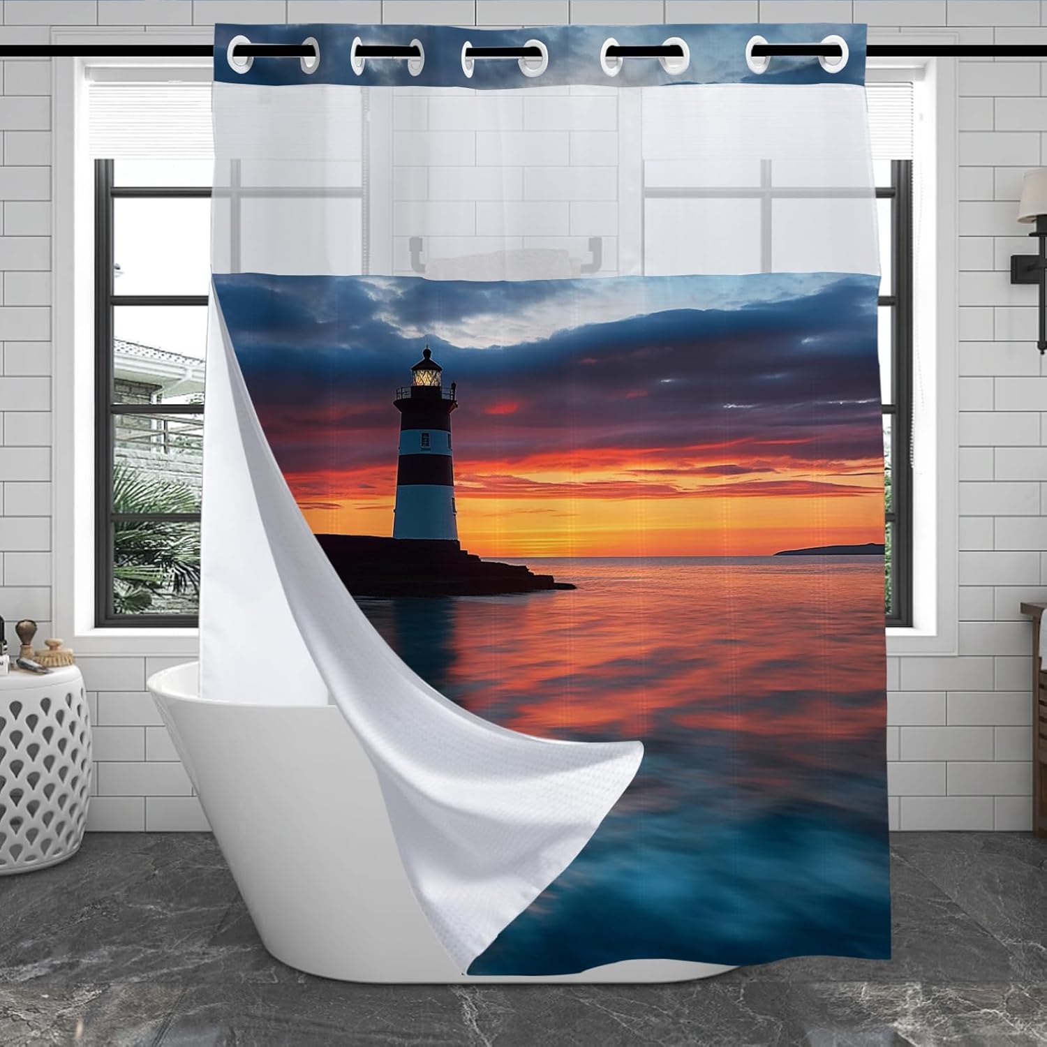 Lighthouse Ocean Shower Curtain for Bathroom, Waterproof Waffle Aesthetic Sunset Shower Curtain with Snap in Fabric Liner Set, Heavy Duty Bath Curtains Hotel Spa Luxury Polyester 72Wx74H No Hook