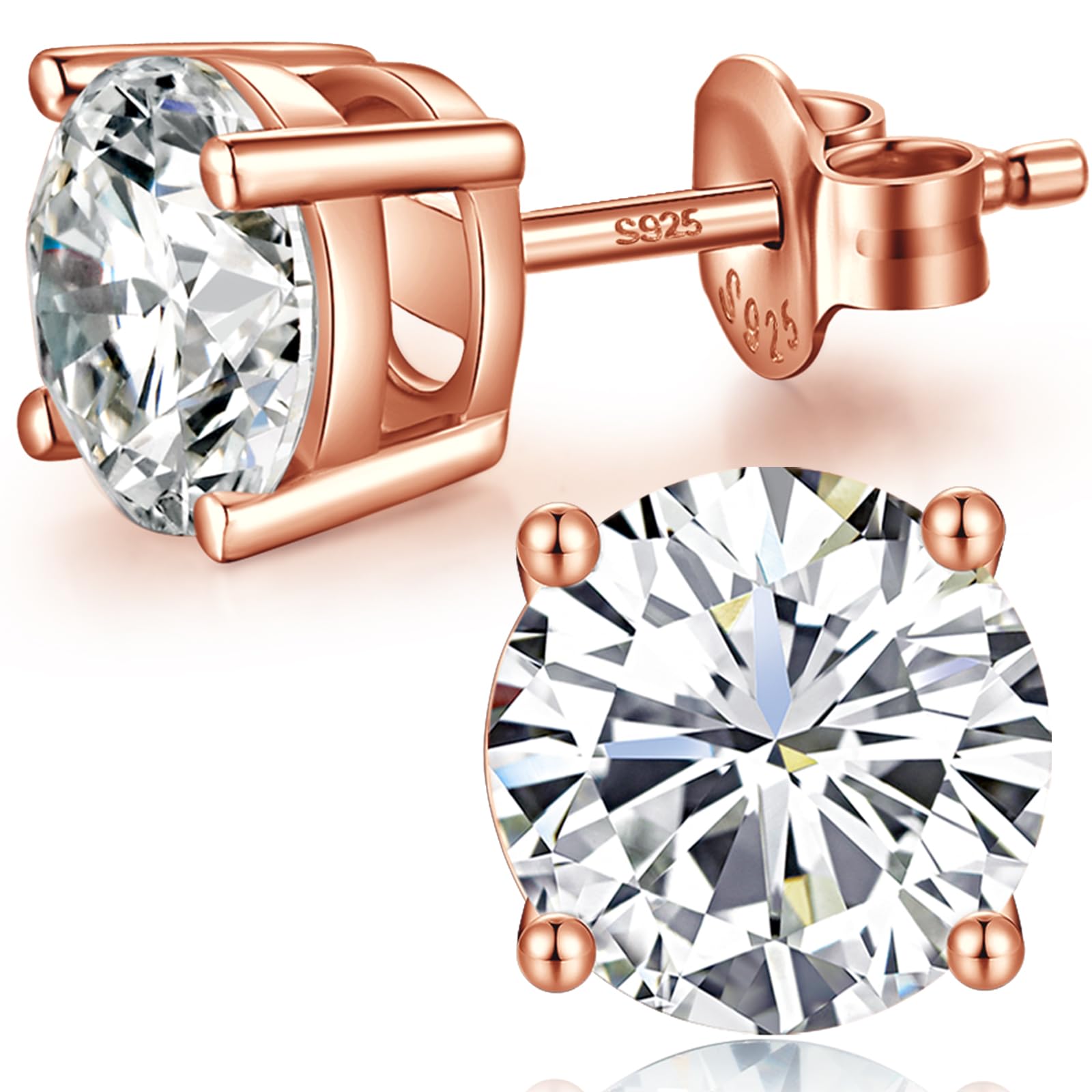 Sparkling 925 Sterling Silver Round Cut 5A+ Cubic Zirconia CZ Stud Earrings Hypoallergenic Earrings for Women/Men 4MM-8MM