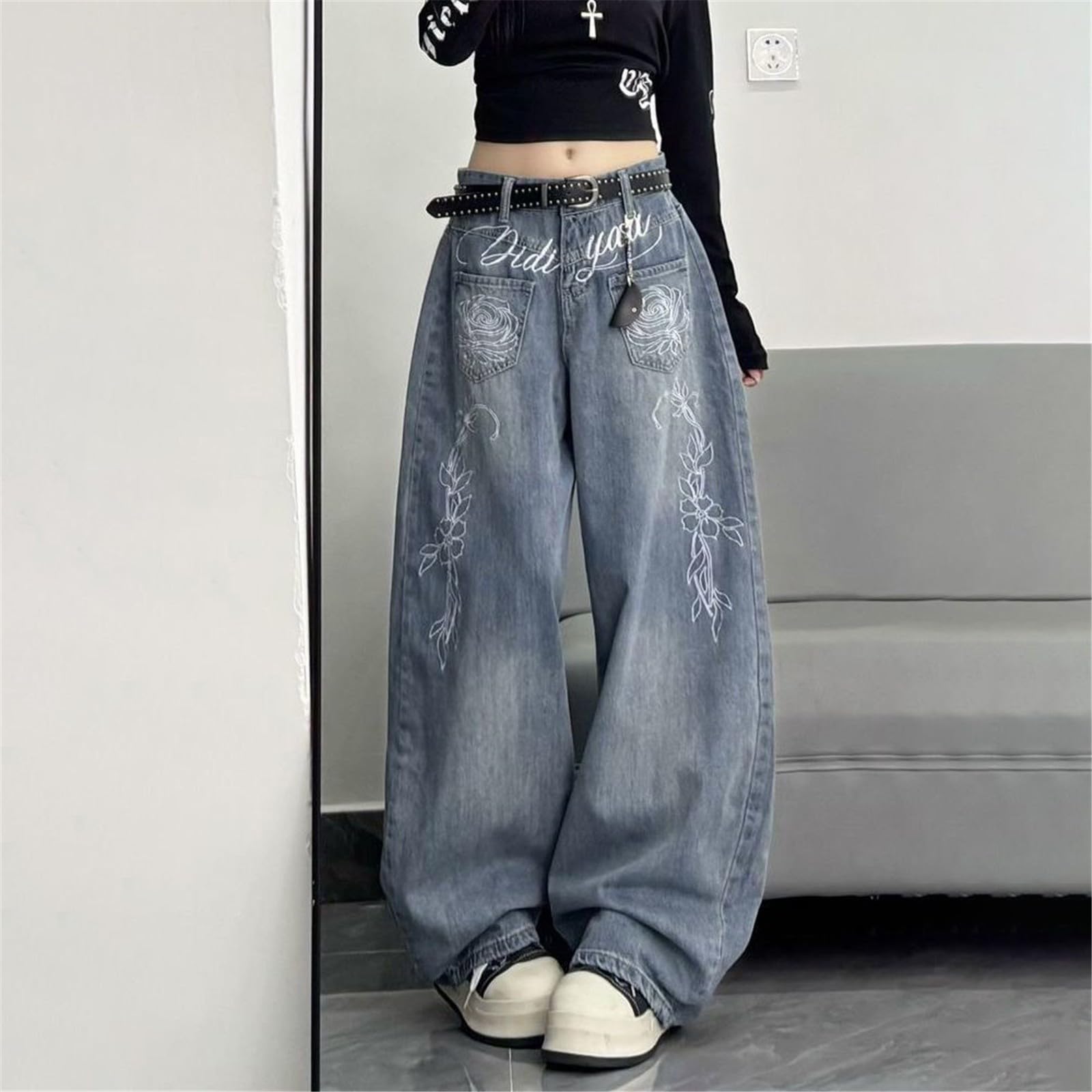Jeans Donna Leggeri a Palazzo Jeans Elasticizzati Casual Curvy Pantaloni Vita Alta Leggeri Gamba Larga Taglie Forti Pantaloni Denim Baggy Larghi Wide Leg Moda Pants con Tasche Tempo Libero Hiphop