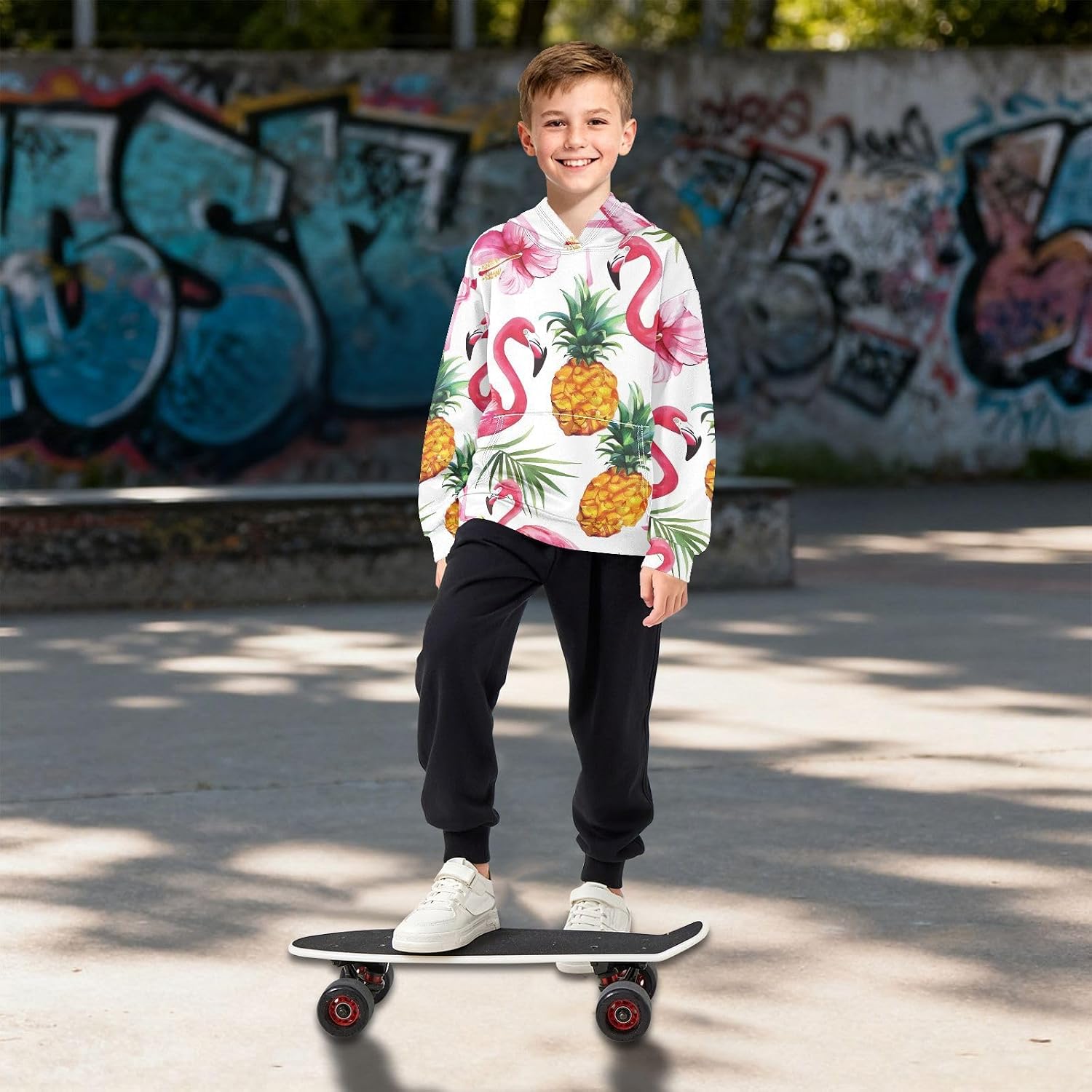 ZZXXB Flamingo Tropical Flowers Kids Sweatshirts Boys Girls Hooded Kangaroo Pocket Pullover Tops XS-XXL