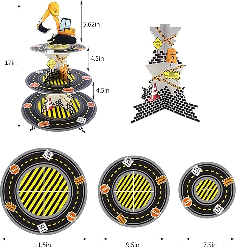 Miniatura 2 de Decoración de cumpleaños de construcción, soporte para cupcakes, soporte de cartón para postres, soporte de 3 neumáticos, soporte para mini tartas,