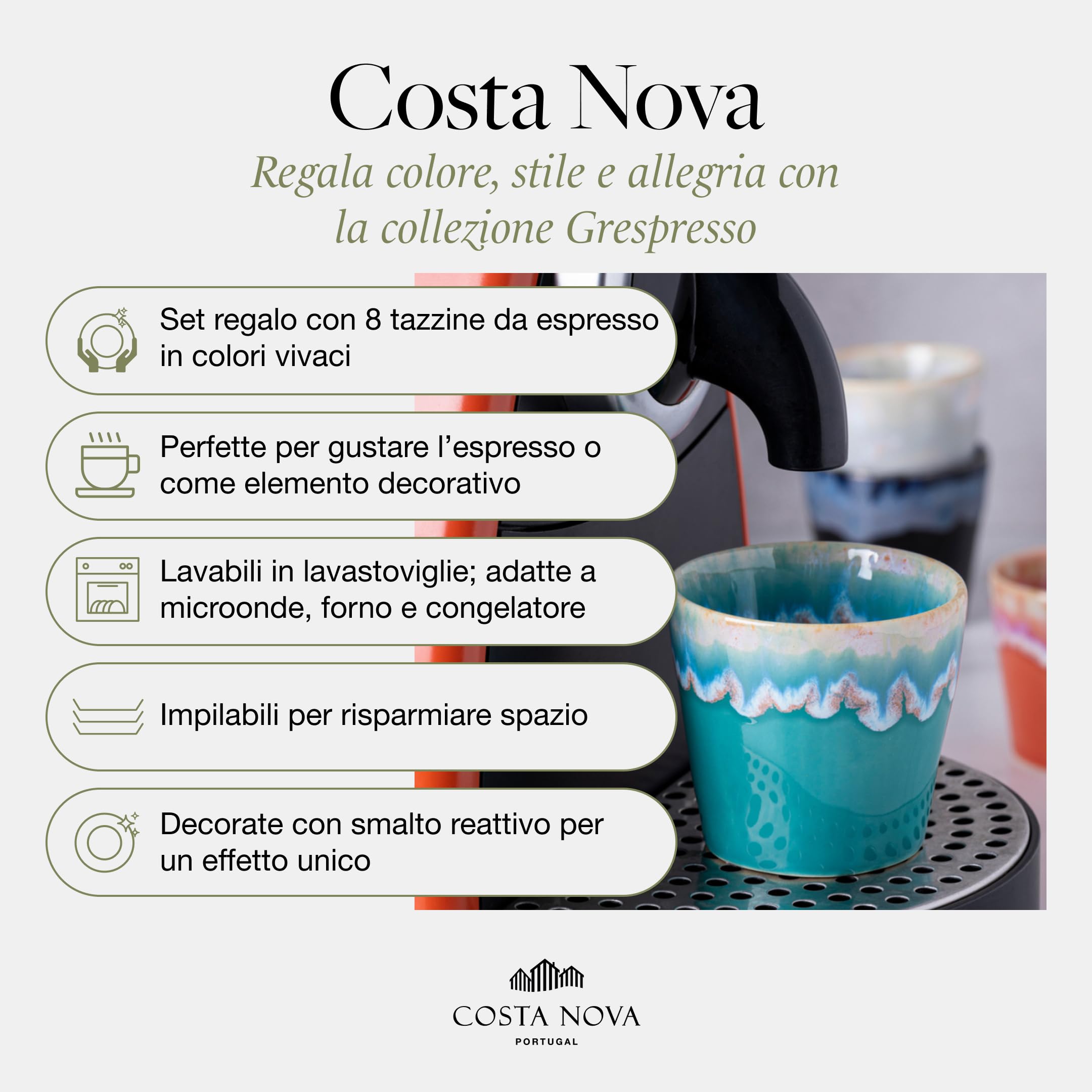 Costa Nova Set Tazzine Espresso Grespresso: 8 Tazzine in Gres Fine con Smaltatura Reattiva, Rifinite a Mano, Impilabili in Scatola in Legno, Lavabili in Lavastoviglie, Multicolore, Ø 6,5 cm