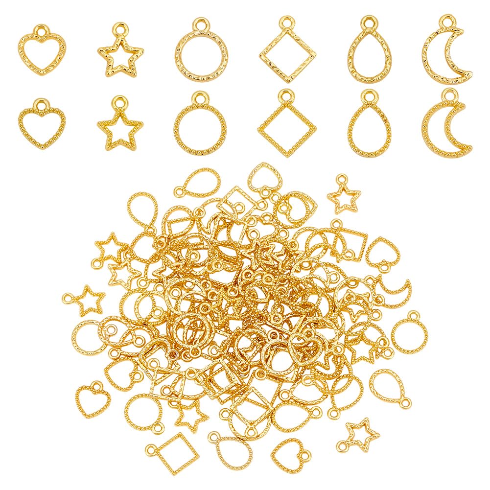 AHANDMAKER 120Pcs Open Back Bezel Charms, 12 Styles Gold Hollow Frame Charms, Moon Star Teardrop Round Heart Rhombus Open Back Frame Pendants for Resin Pressed Flower DIY Crafts Jewelry Making