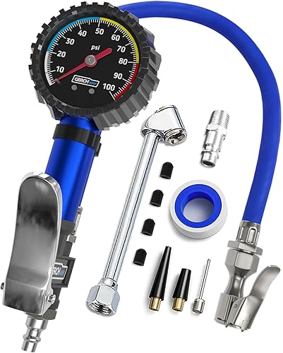 Inflador de neumáticos con manómetro y manguera más larga, portabrocas de aire más preciso y resistente con medidor para compresor de aire,