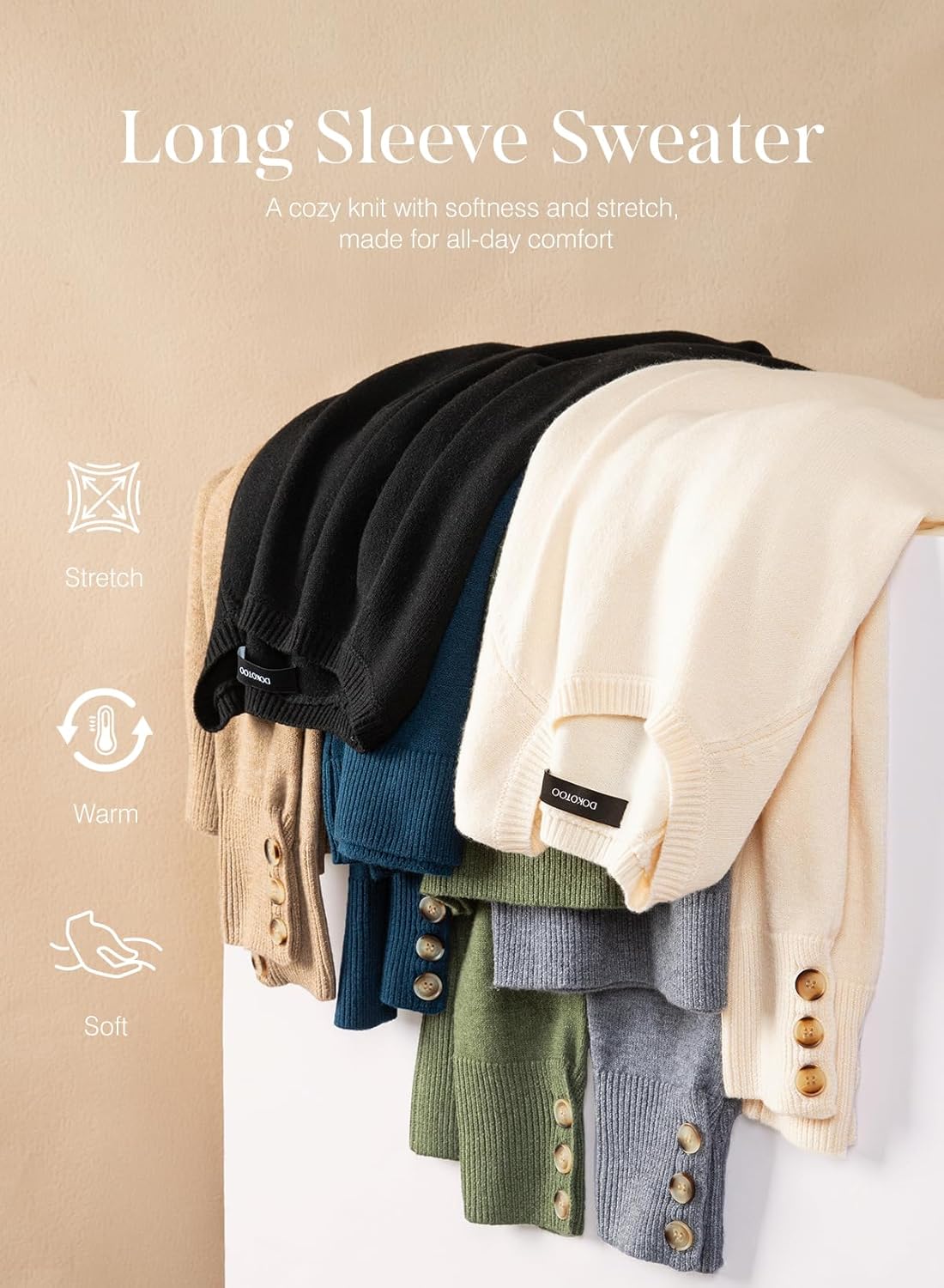 Dokotoo Womens Sweaters Casual Long Sleeve Fashion Crewneck Knit Solid Button Pullover Sweater Jumper Tops - Image 5