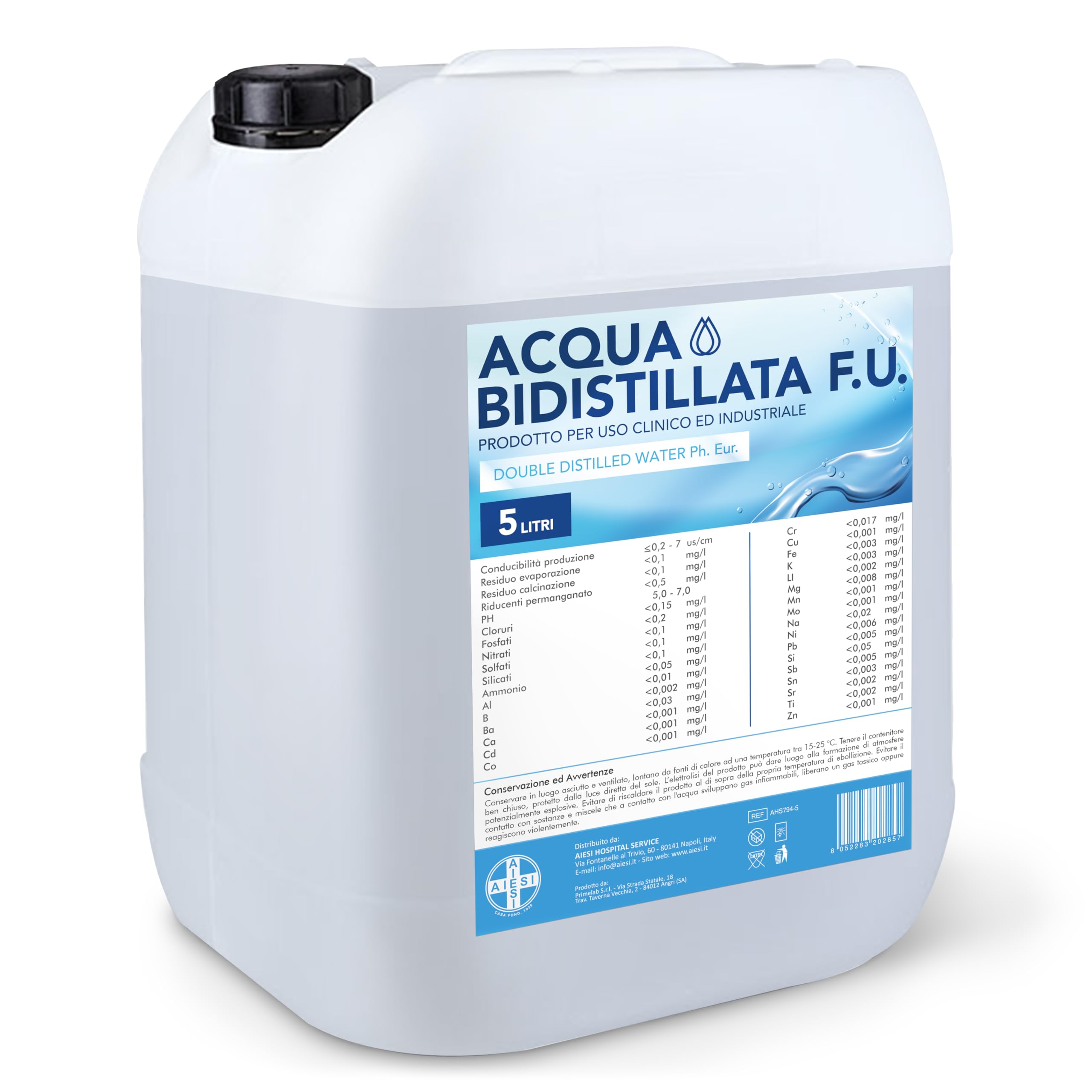AIESI® Acqua Bidistillata F.U. pura (5 litri) per uso clinico ed industriale, Distillata due volte, Demineralizzata, Made in Italy