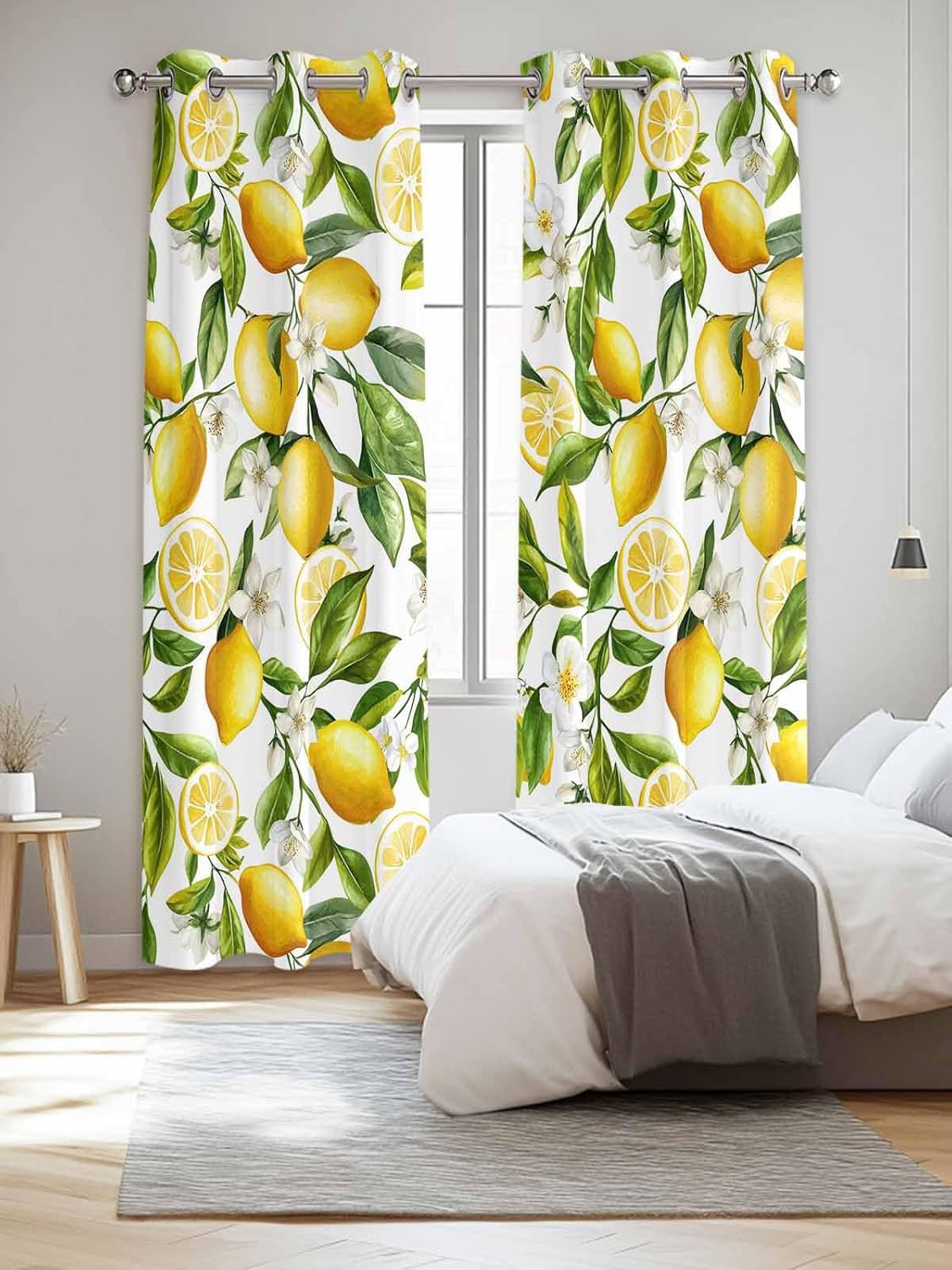 Lemon Yellow Window Curtains Panels with Silver Grommet,Country Floral Leaf Green White Kitchen Cafe Curtain Draperies Window Treatment Set for Living Room/Bedroom/Laundry Room/Bathroom/Cafe,84x84