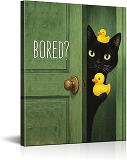 Funny Cat Bathroom Wall Art - Cute Green Cat Bathroom Decor - Funny Artwork for Washroom 8x10 Canvas Framed - Bored