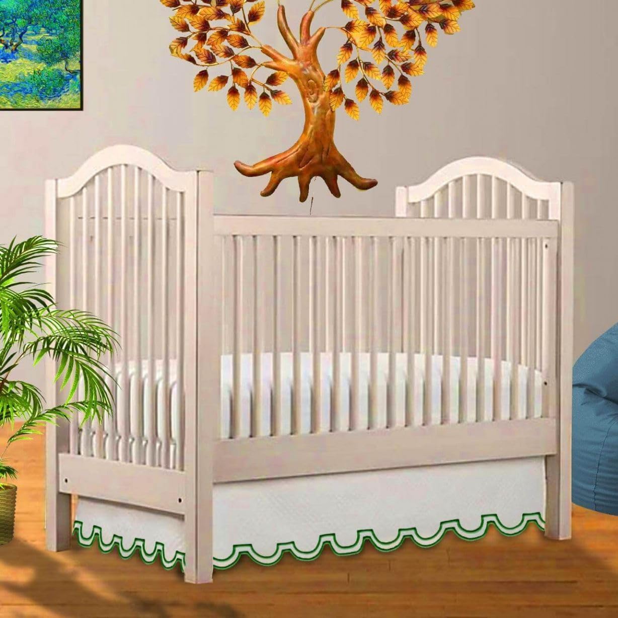 White 100% Cotton Sateen Tailored Crib Skirt 28"X52"+16" Drop U Shape Scalloped Embroidery with Split Corners ; 4-Sided Skirt fits Around the Entire Crib Green Scalloped