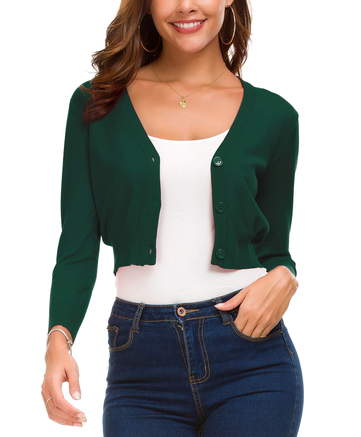 Womens Lightweight Knit Cropped Cardigan 3 4 Sleeve V-Neck Open Front Bolero Shrug for Dresses and Casual Wear