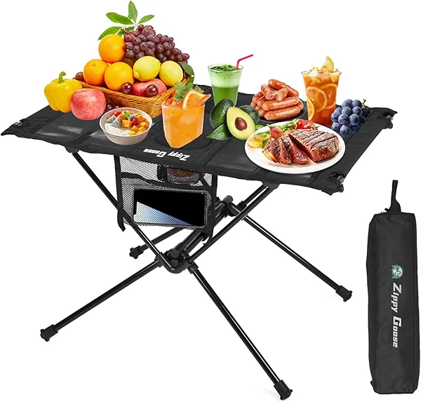 Zippy Goose Camping Table, Portable Beach Table with Cup Holders, Folding Ultra Lightweight 1.5LBS Foldable Outdoor Camping Table, Aluminum Alloy Frame for Backpacking/Picnic/Fishing (Black)