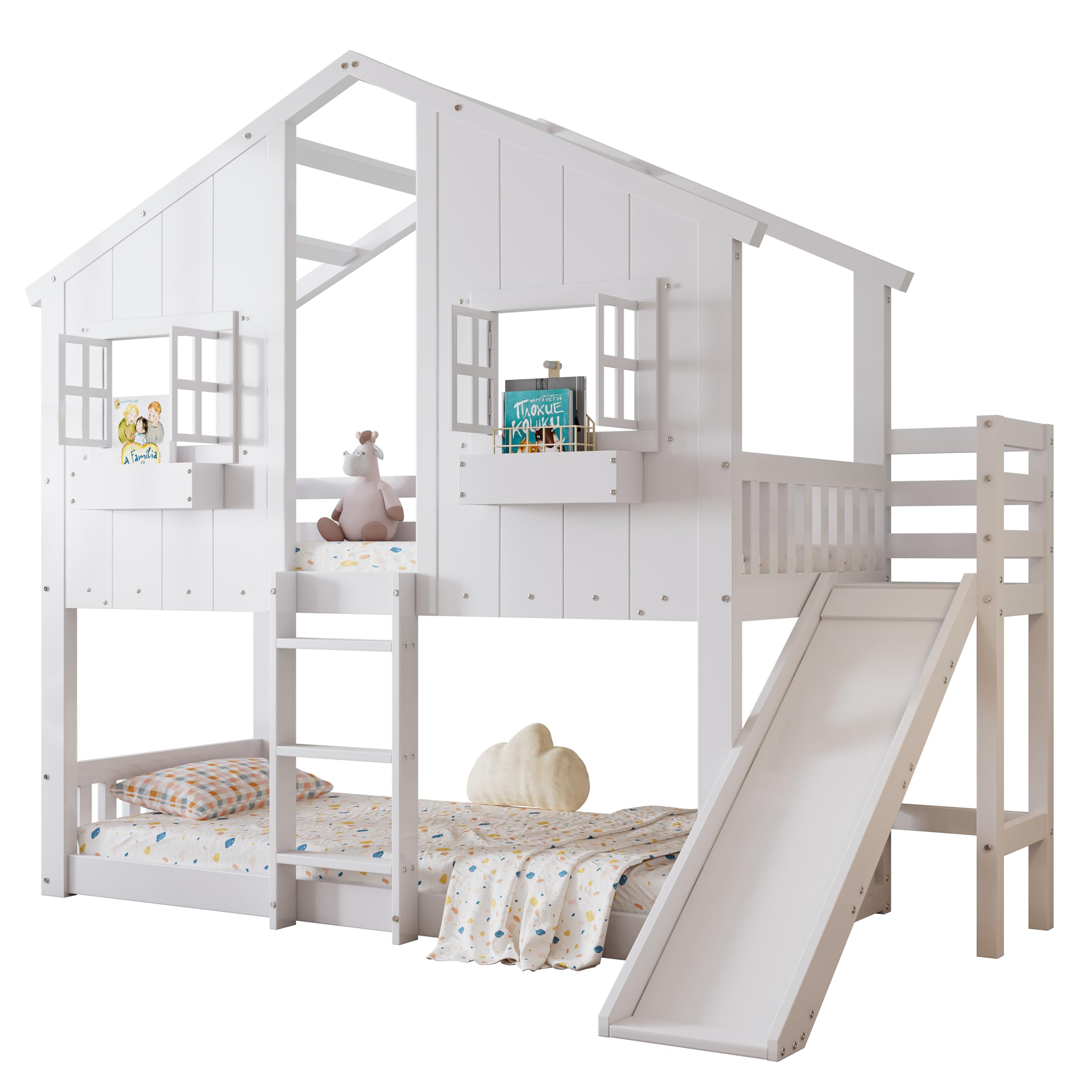 Etagenbett Kinderbett 90x200, Hochbett Hausbett für 2 Kinder, Stockbett mit Rutsche&Leiter&Fenstern&Dach&Aufbewahrungsbox, Doppelbett Holzbett mit Lattenrost&Rausfallschutz, Kiefer, Ohne Matratze,Weiß