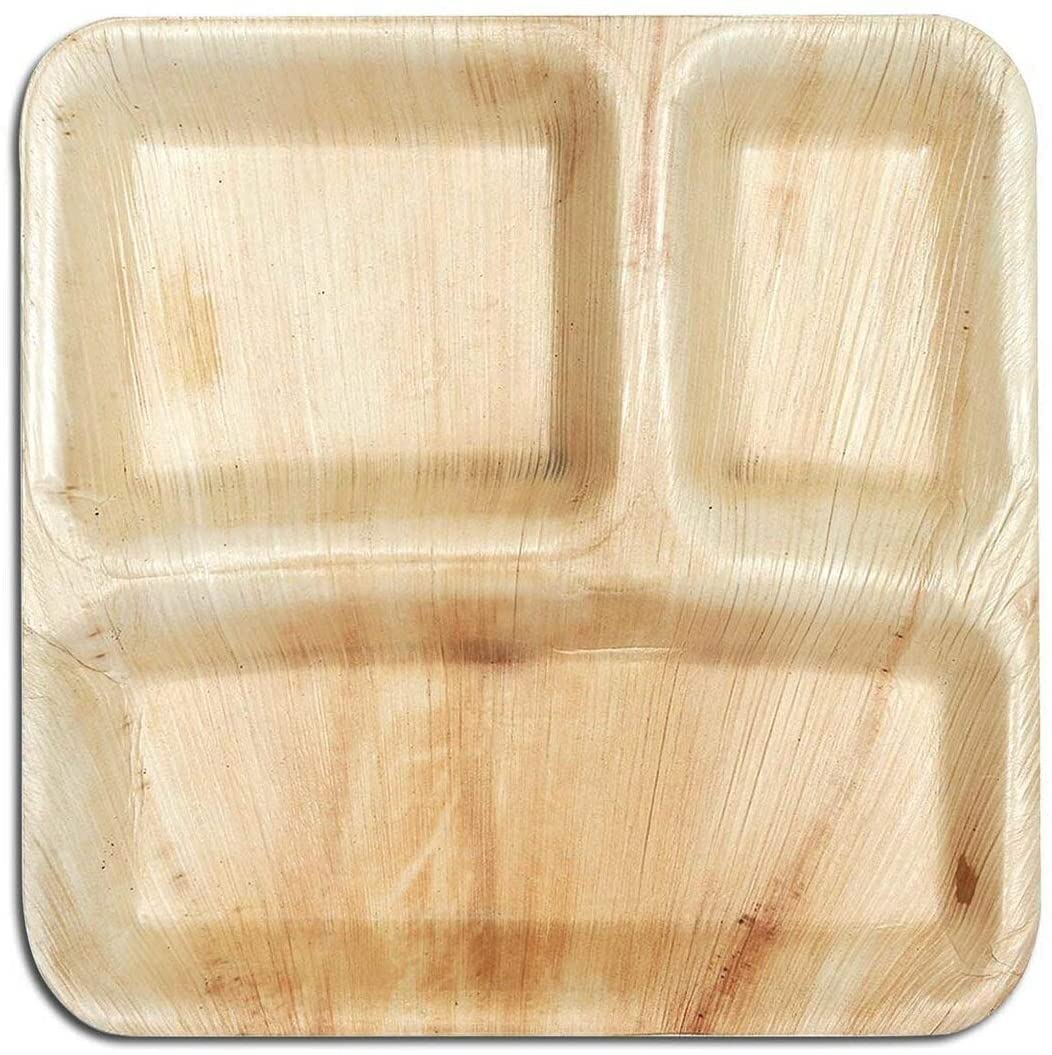 CHANDE BIO (10" x 9", 100 Pack Areca Palm Leaf Rectangular Compartment Plates | 100% Compostable Biodegradable, Disposable Tableware |Heavy Duty Eco-Friendly Use & Throw Plates | Party, Wedding, Snack