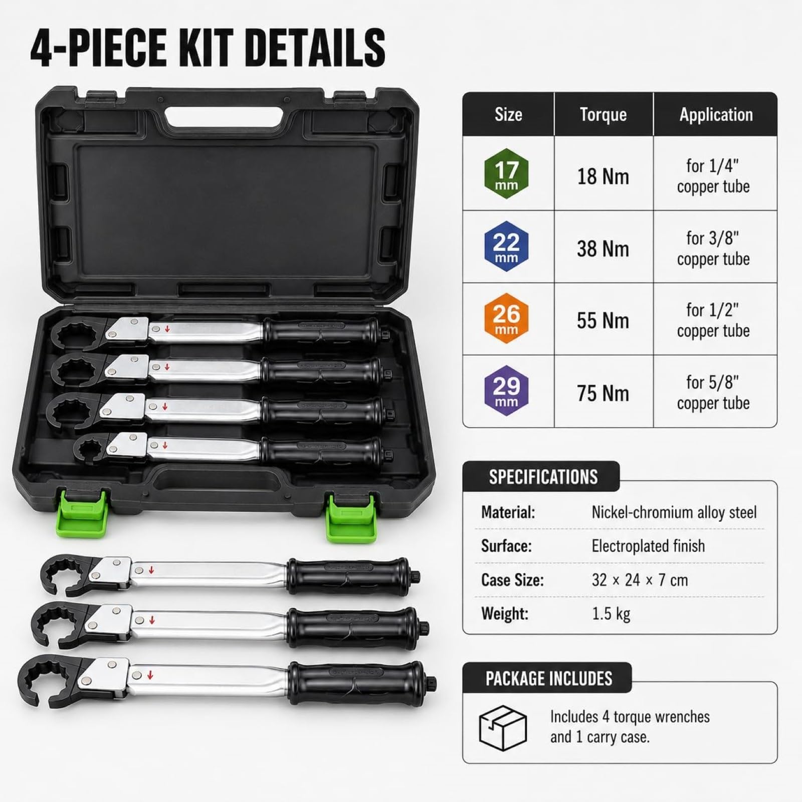 Zestaw Kluczy Dynamometrycznych Z Możliwością Regulacji 18-75 Nm | Klucz miedziany z nakrętką dzwonkową do rur miedzianych 1/4", 3/8", 1/2'', 5/8" HVAC Chłodnictwo Klimatyzacja