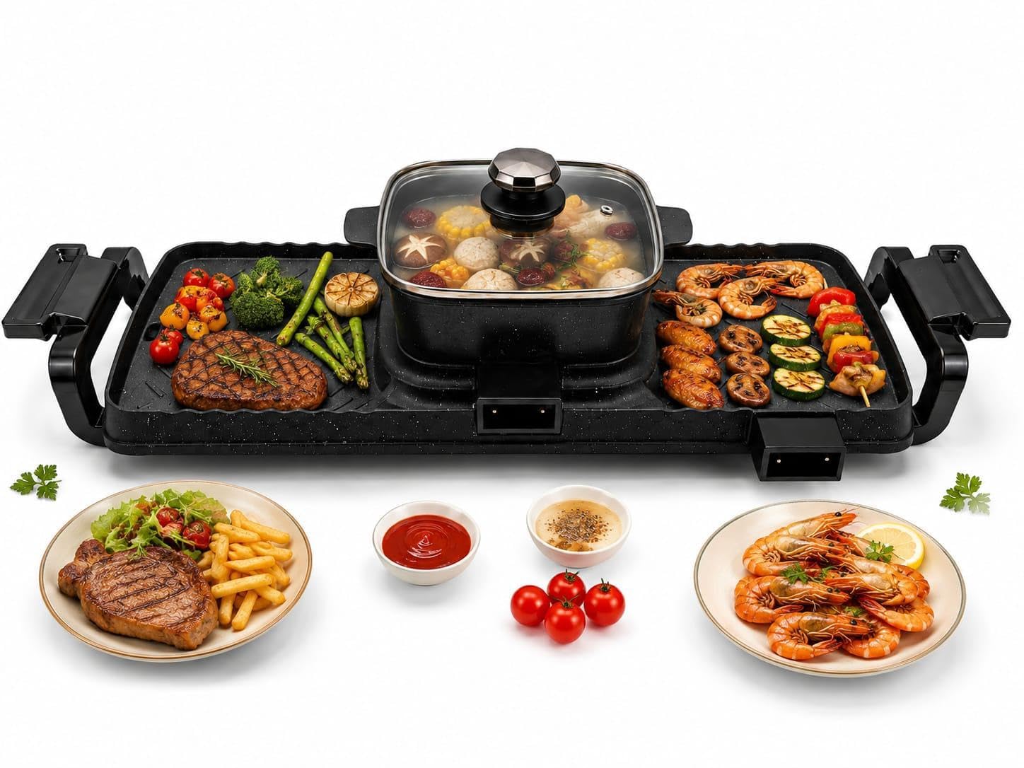2 in 1 BBQ Grill with Hot Pot 1600 W Multifunction Electric Grill Hot Pot 78x26x15cm Non-Stick Smokeless bbq of Cast Aluminum and Tempered Glass with Double Temperature Control for Home cooking-image-33