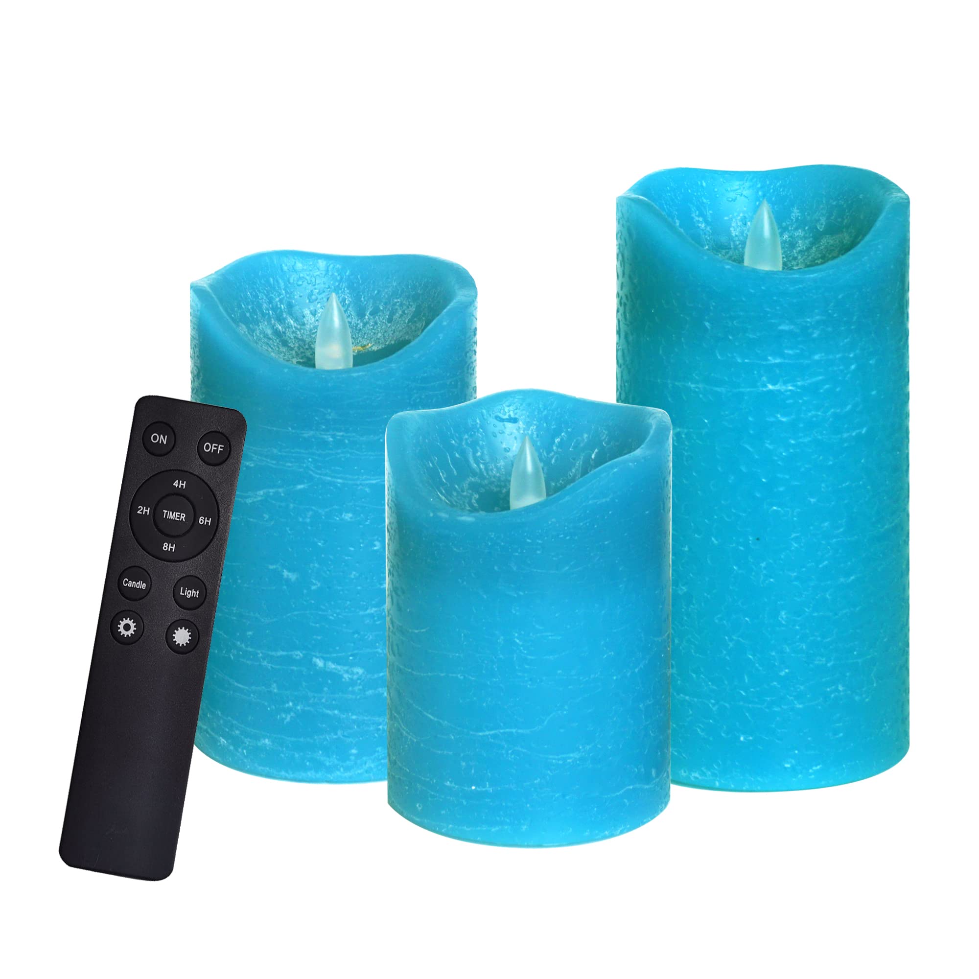 3 Pack Real Wax Flameless Candles Battery Operated LED Pillar Flickering Realistic Electric Candle Gift Sets with Remote Control and Cycling 24 Hours Timer 3”D X 4" 5" 6" H (Turquoise)