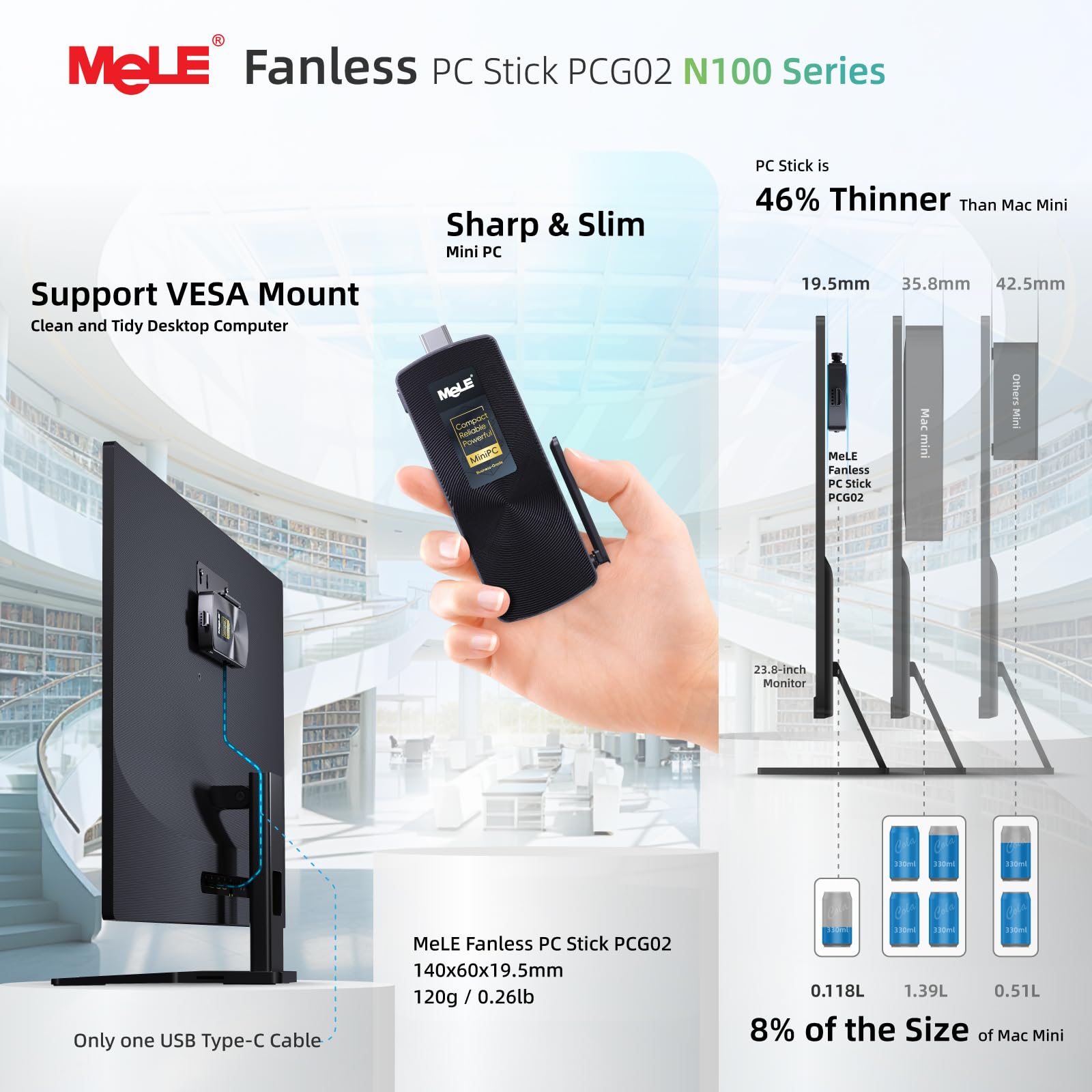 Mele PCG02 N100 Mini PC Stick USB-C senza ventola doppio display HDMI 4K WiFi 5 BT5.1 GbE 8GB 256GB