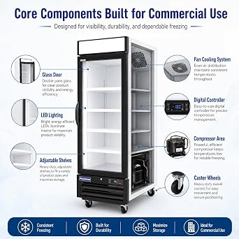27 Commercial Freezer with Glass Door, 23 Cu. Ft Display Freezer Single Door Merchandiser Freezer with LED Light, Temperature 41~-10F for Restaurant, shop