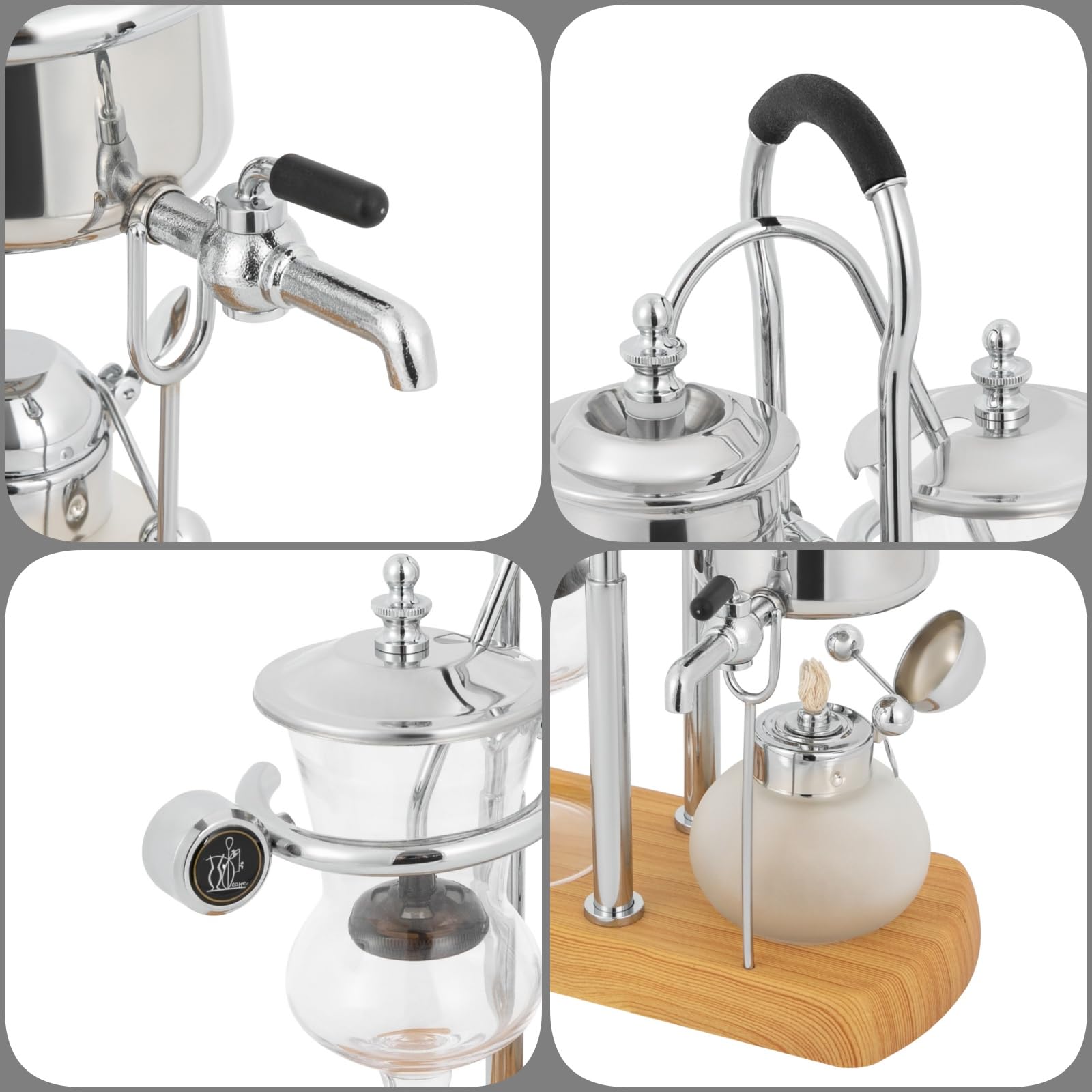 Luxury Siphon Balance Kaffeemaschine, Siphon Kaffeemaschine Set, Retro Kaffeemaschine, Vakuum-Kaffeebereiter, Kaffee- und Teebrüher, Naturholzsockel und Deckelknauf (Silber)