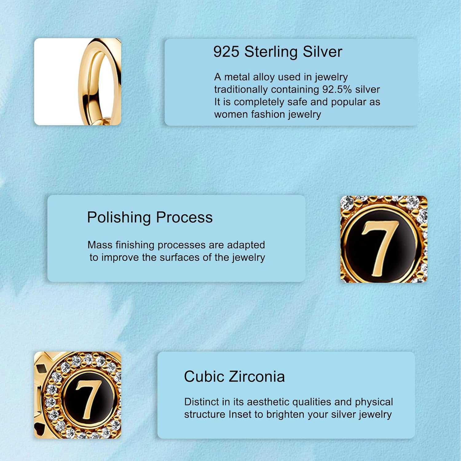 Gold Lucky 7 Charms for Bracelets 925 Sterling Silver Dangle Pendants Beads Jewelry for Women - Image 3