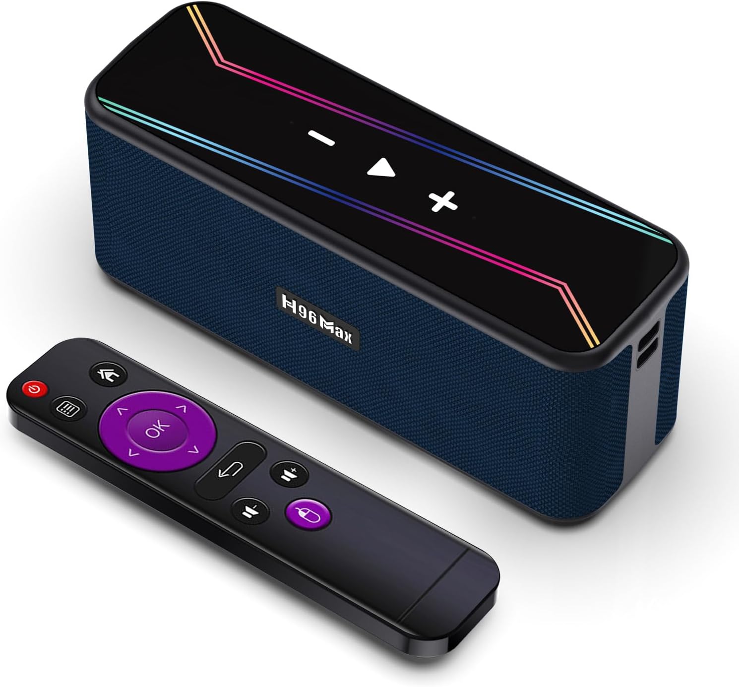 Davant view of the CHROX H96 MAX M7 TV Box and its remote control.