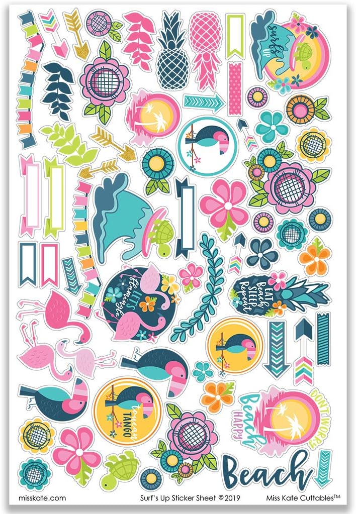 Miss Kate Cuttables Paper & Sticker Kit - Surf's Up - for Vacation - 17 Double-Sided 12x12 Papers with 33 Designs & 1 8X12 Sticker Sheet - Scrapbooking Card Making Crafting