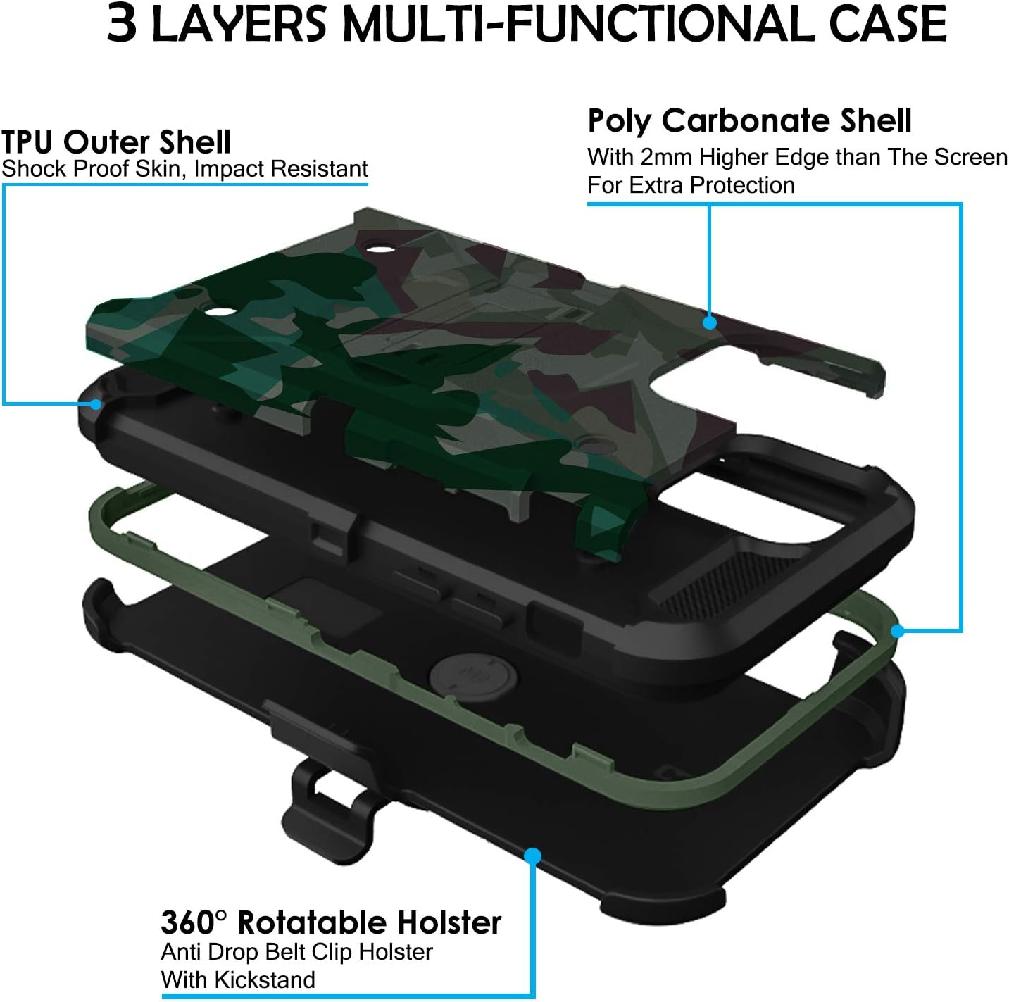 DuraSafe Cases for iPhone 12 iPhone 12 PRO 6.1" 2020 A2172 A2402 A2341 A2406 A2404 A2403 A2408 A2407 Heavy Duty Military Print Belt Clip Rugged Cover - Military Green(with Holster)