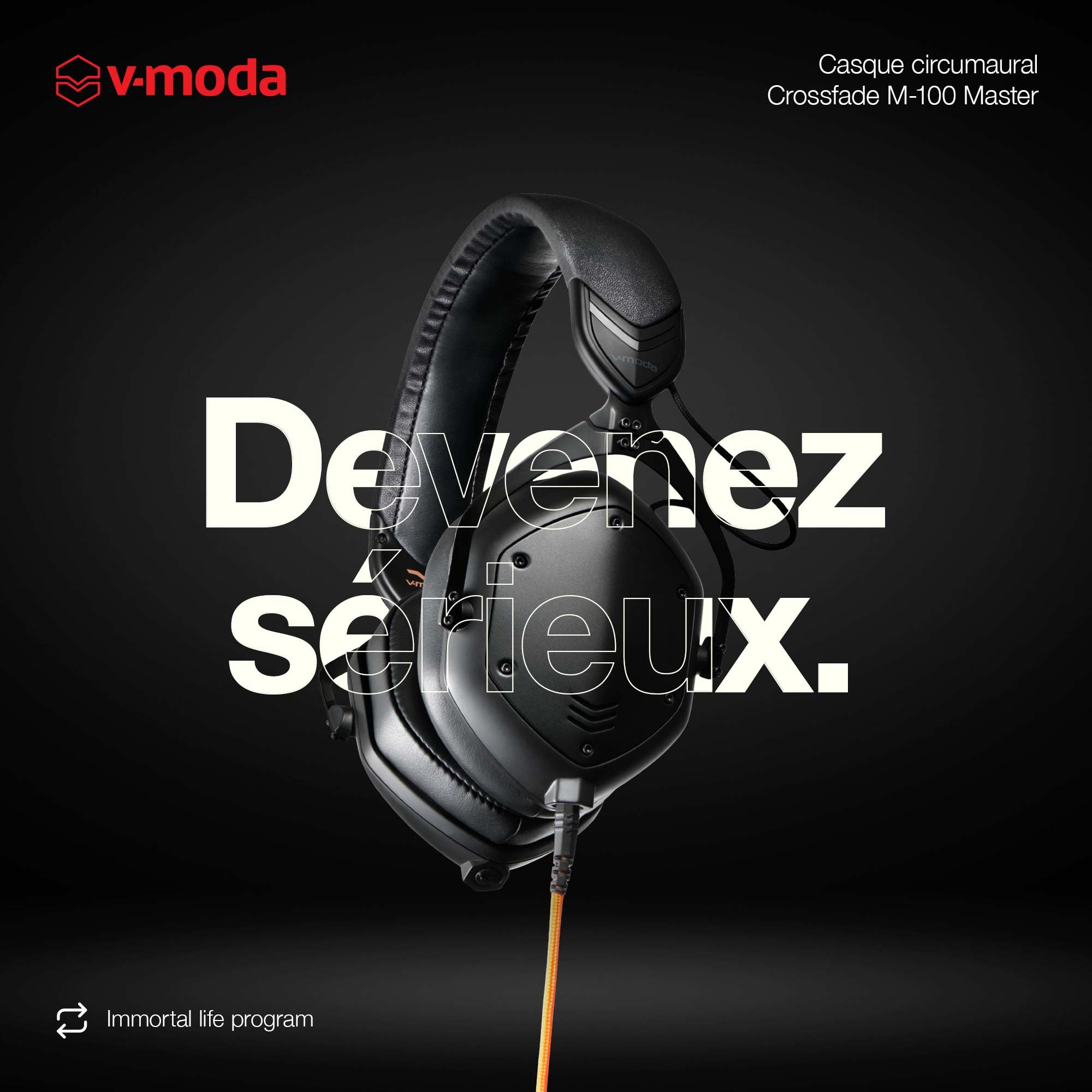 V-Moda Crossfade M-100 Master Casque circumaural à Isolation phonique | Structure métallique, Arceau SteelFlex & résistance améliorée à la Transpiration | Certifié Hi-Res Audio | Noir Mat