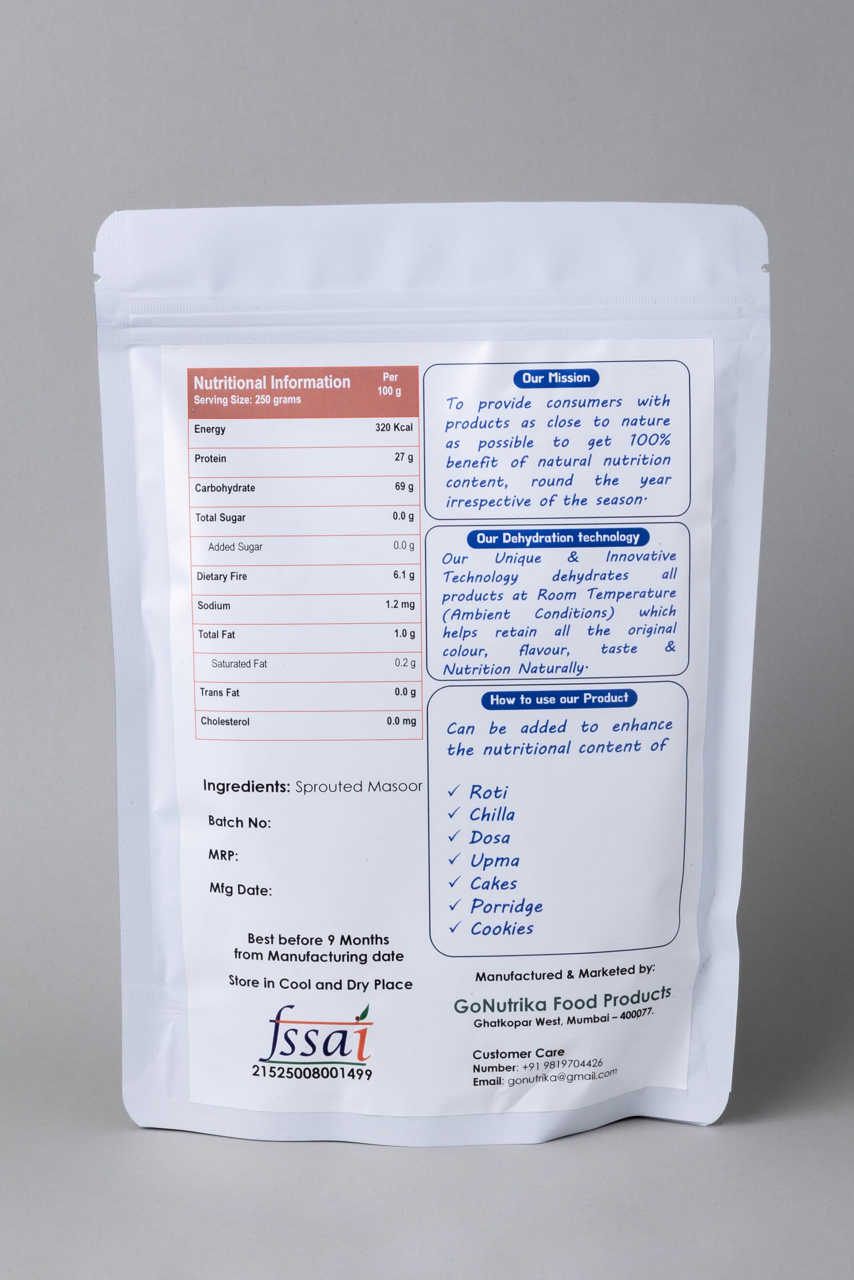 GoNutrika Sprouted Masoor (Red Lentil) Flour, Rich in Protein & Fibre, 100% Natural, No Added Sugar, 250 Grams 1