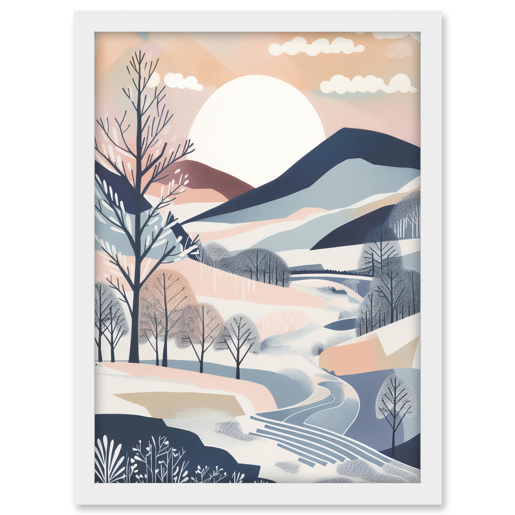 Artery8 Countryside Path in Boho Hill Winter Landscape Artwork Framed A3 Wall Art Print