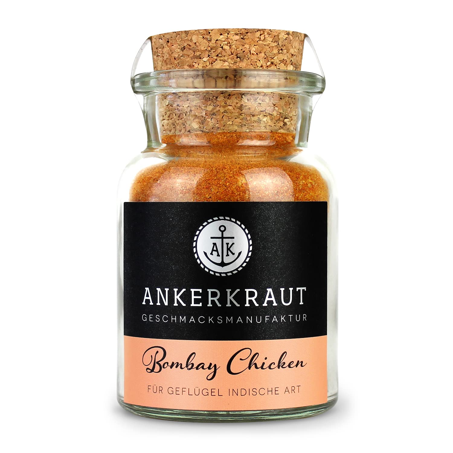 Ankerkraut Bombay Chicken, exotischer BBQ-Rub für Hähnchen und Chicken-Wings, Lecker Geflügel Kochen Grillen Zu Hause, Premium Qualität, 90 g im Korkenglas
