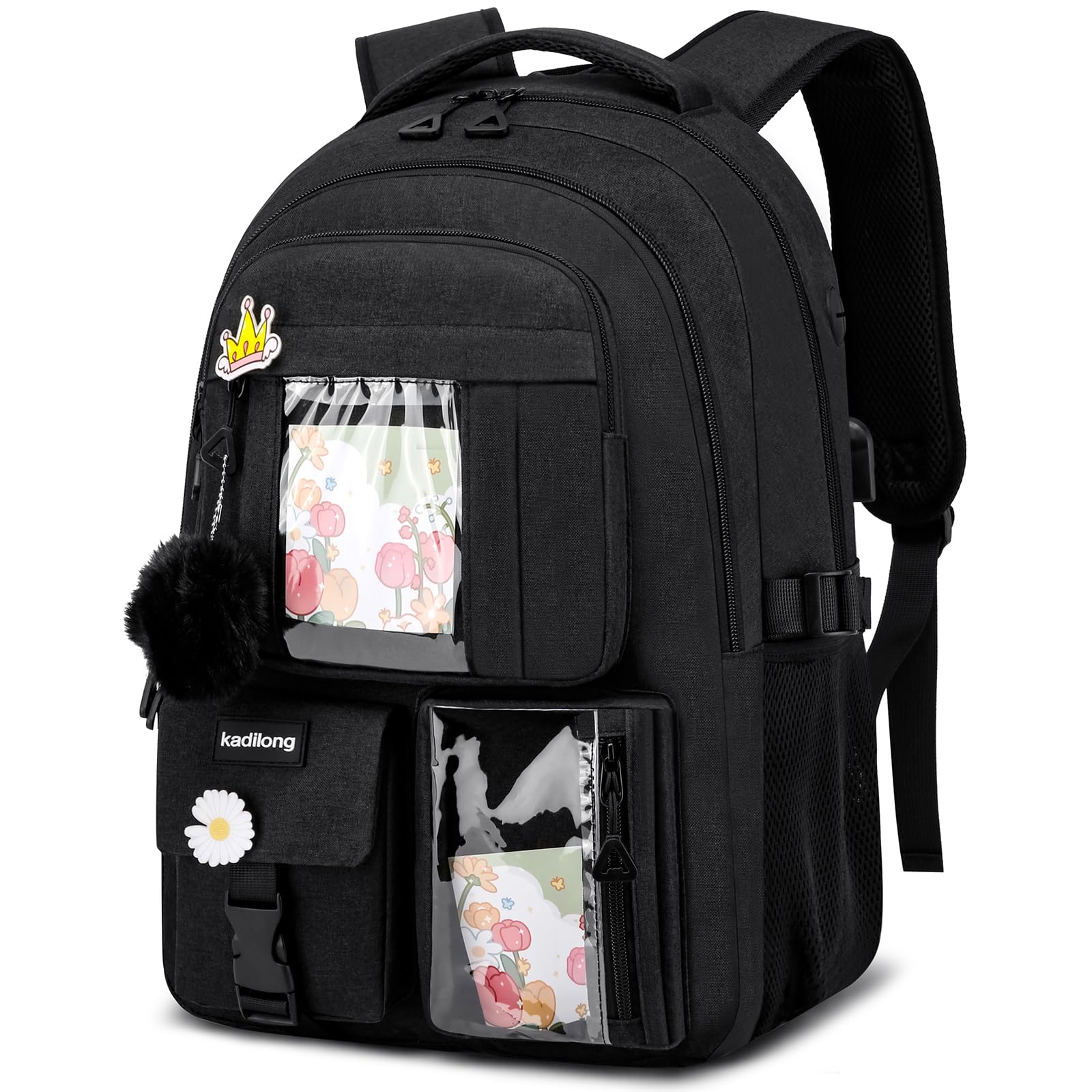 kadilong School Backpacks for Teen Girls Bookbag for Middle School College Students, Cute Backpacks for Women 15.6 Inch Laptop Bag Back Pack School Bag Anti Theft (Black) : Electronics