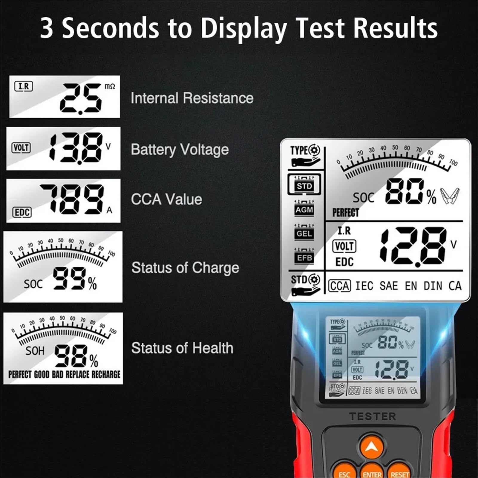 Misurazione IR SOH SOC CCA for Tester Batteria Auto, Camion, Moto, analizzatore Batteria 12V 24V, Strumento di Prova Digitale