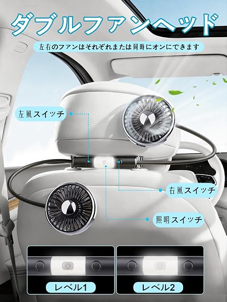 【2026 年夏新登場】Ofashu 車 扇風機 5V 2A 車載扇風機 後部座席 低騒音 ライト付き 双頭車載ファン 車載電動ファン 360° 角度調整可能 USB 3 段階風量調節 ハイパワー 10W カーファン 省エネ 車内の暑さ対策 車 自動車用 日本語説明書付き 取付簡単 車中泊対策 - 5
