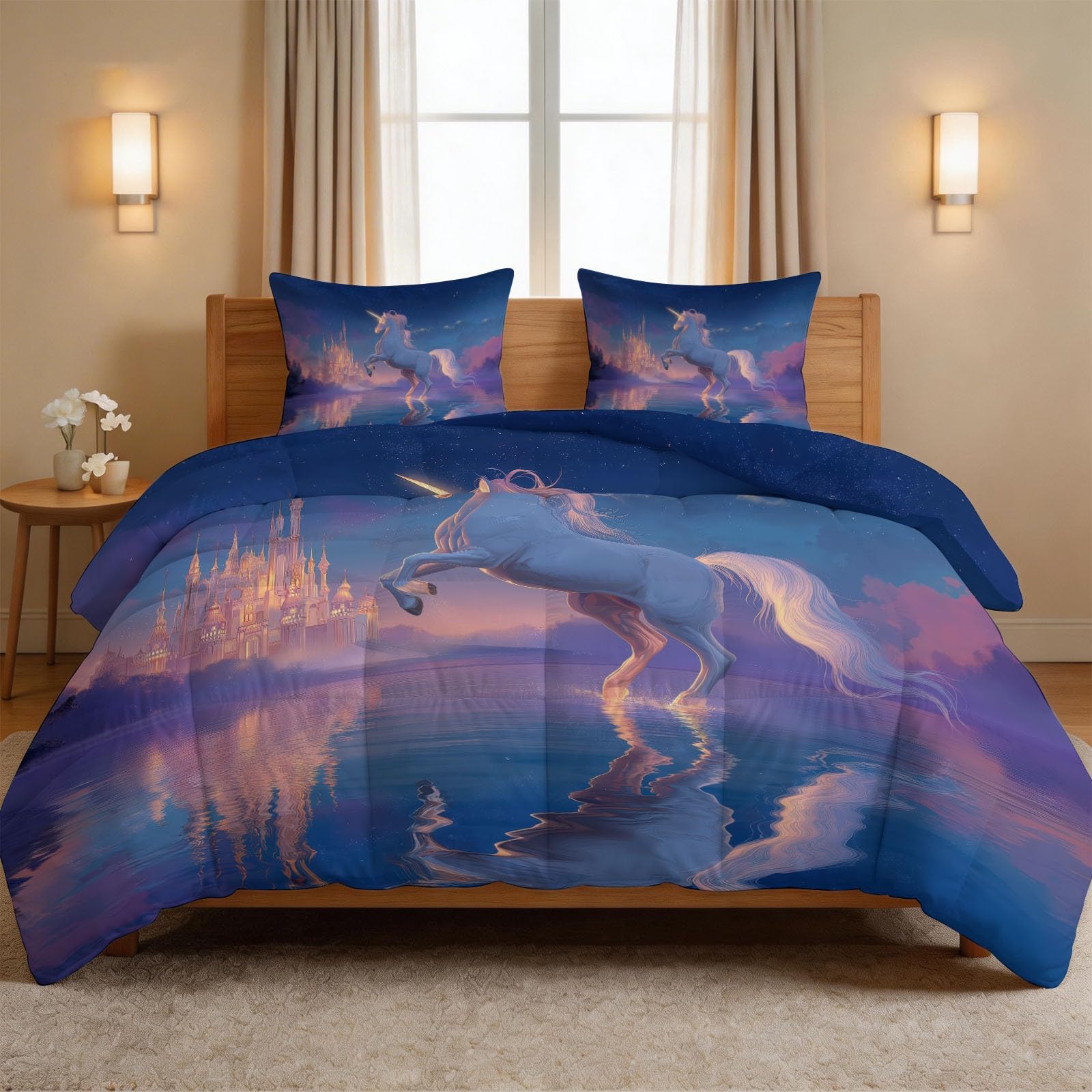 Coverless - Edredón de 7,5 tog de 135 x 200 cm, diseño de castillo de unicornio, cielo estrellado, individual, juego de edredón y funda de almohada de dibujos animados de fantasía supersuave, diseños