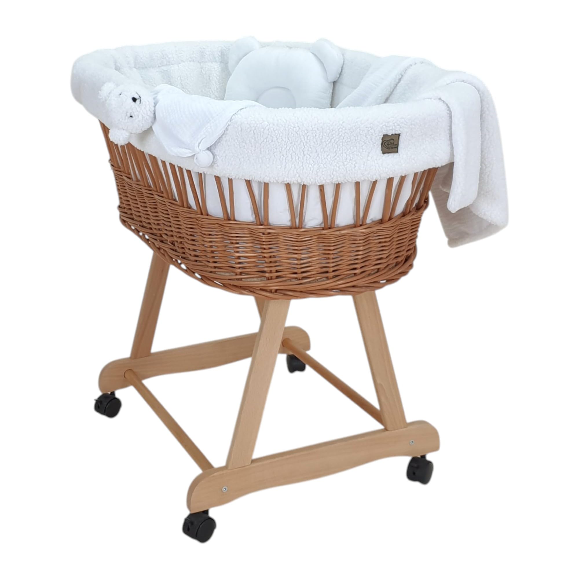 Łóżeczko dziecięce Amelia – naturalne ręcznie tkane Mojżesz ze stojakiem i materacem – 5-częściowy zestaw pościeli Teddy w kolorze białym, przenośny, koła, idealny dla noworodków