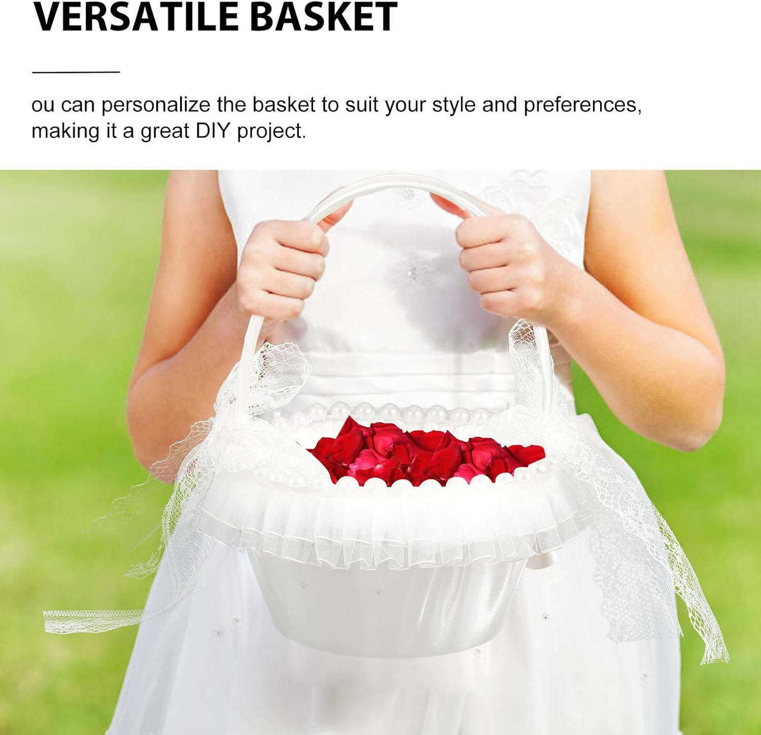 Wedding Flower Girl Basket Handheld Rustic Lace Satin with Pearl Decor for Wedding Ceremony and Flower Petal Tossing