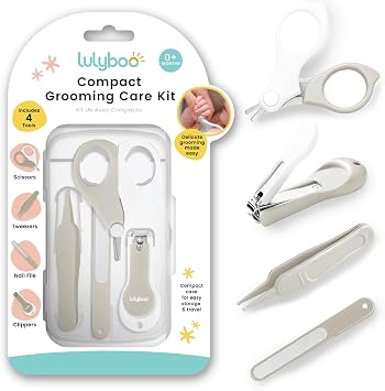 Lulyboo 4-in-1 Newborn Grooming Kit with Travel Compact Case, Baby Nail Clipper, Rounded Tip Scissors, Nail File & Tweezers, Stainless Steel, BPA-Free, Wipe-Clean, Teal Finish