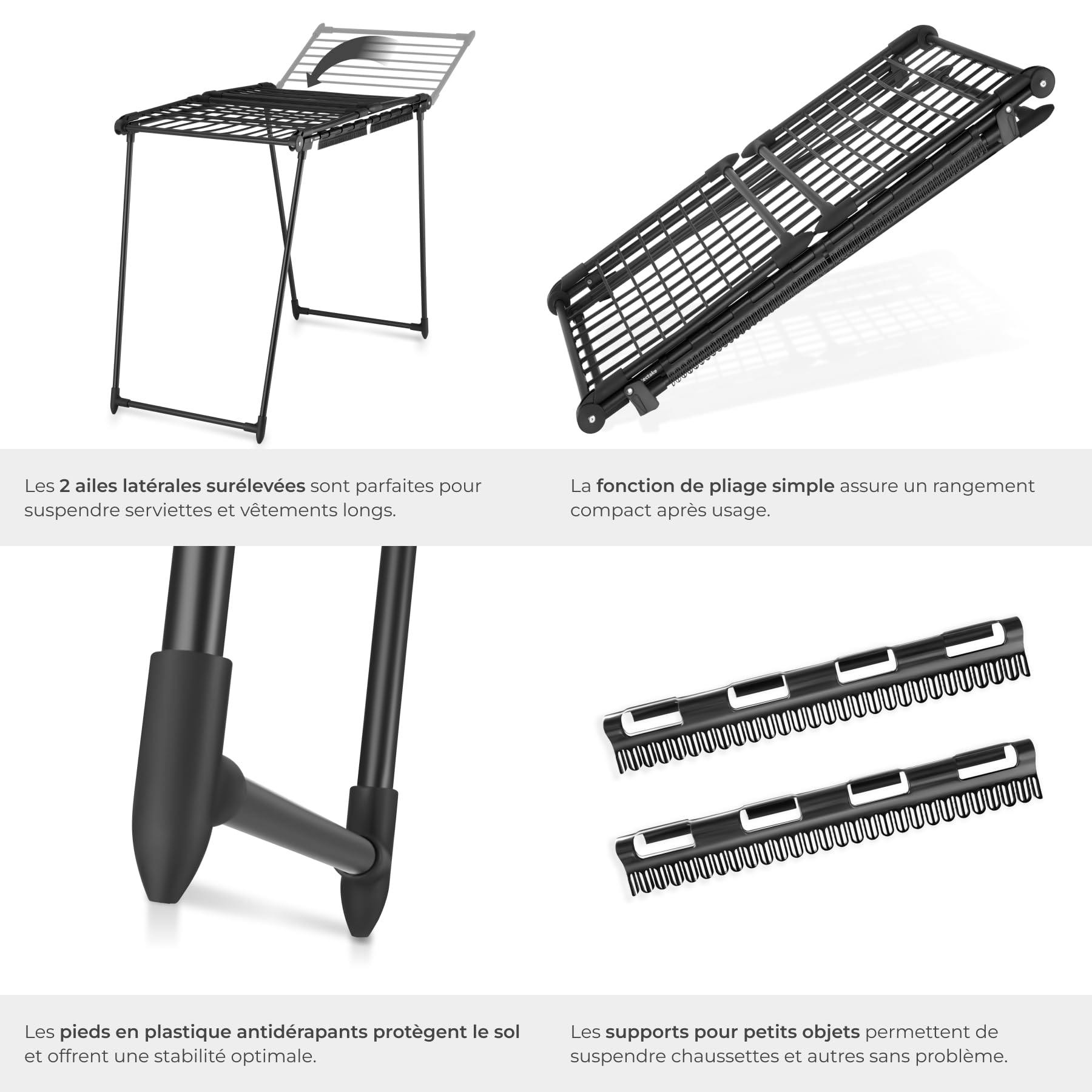 tectake® Etendoir Linge Interieur & extérieur Séchoir à Linge Pliable avec etendage de 1,80m, Etendoir Chaussette & Petites pièces Rangement buanderie pour lessive Organisation Maison - Noir