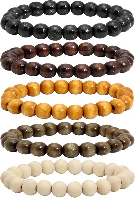MILAKOO 5 Pcs Wooden Beaded Bracelet Bangle for Men and Women Elastic