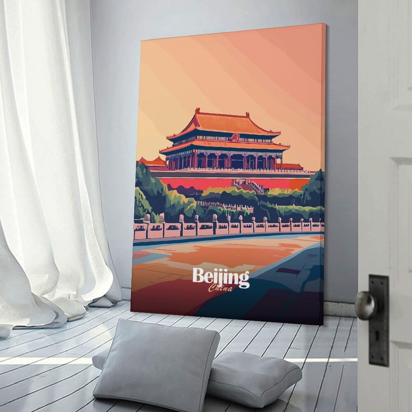 Junmoney Frame-Style-1-2 Room Decor Wall Art Beijing Forbidden City Illustration, 24X36inch(60X90cm), For Gallery Wall Decor And Room Displays, An Easy Match For Collected Prints