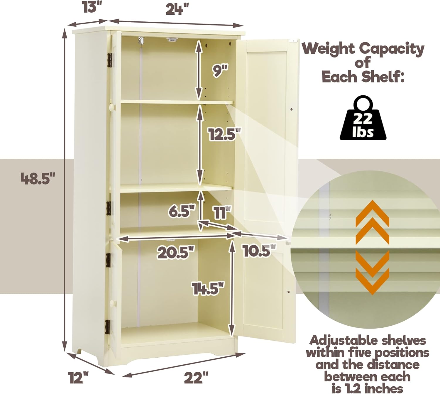 LOKO Kitchen Pantry Storage Cabinet, Modern Kitchen Cupboard with Adjustable Shelves & Anti-toppling Device, Multifunctional Floor Cabinet, 24 x 13 x 48.5 inches (Cream White)