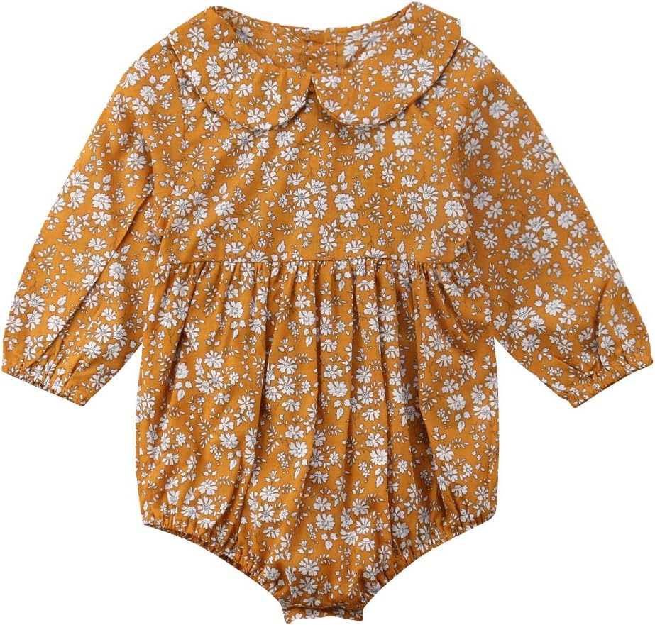 Newborn Baby Girls Floral Print Long Sleeve Round Neck Vintage Romper Infants Ruffles Jumpsuit