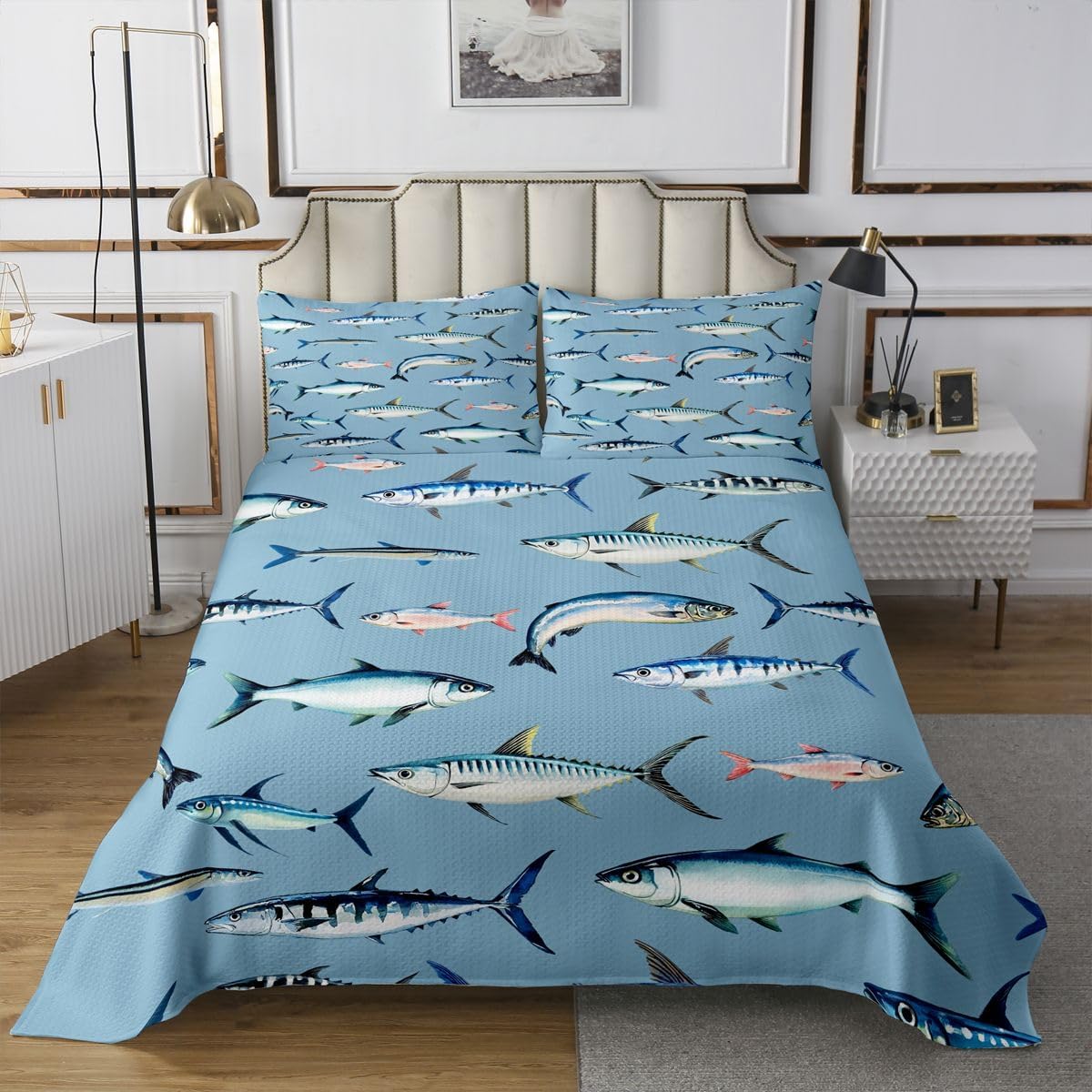 Homewish Fishes Bedspread King Size 3 Pcs,Blue Fish Decorative Bedding Set for Kids Teens Adults,Lake Bass Fish Rustic Style Coverlet Set with 2 Pillowcases