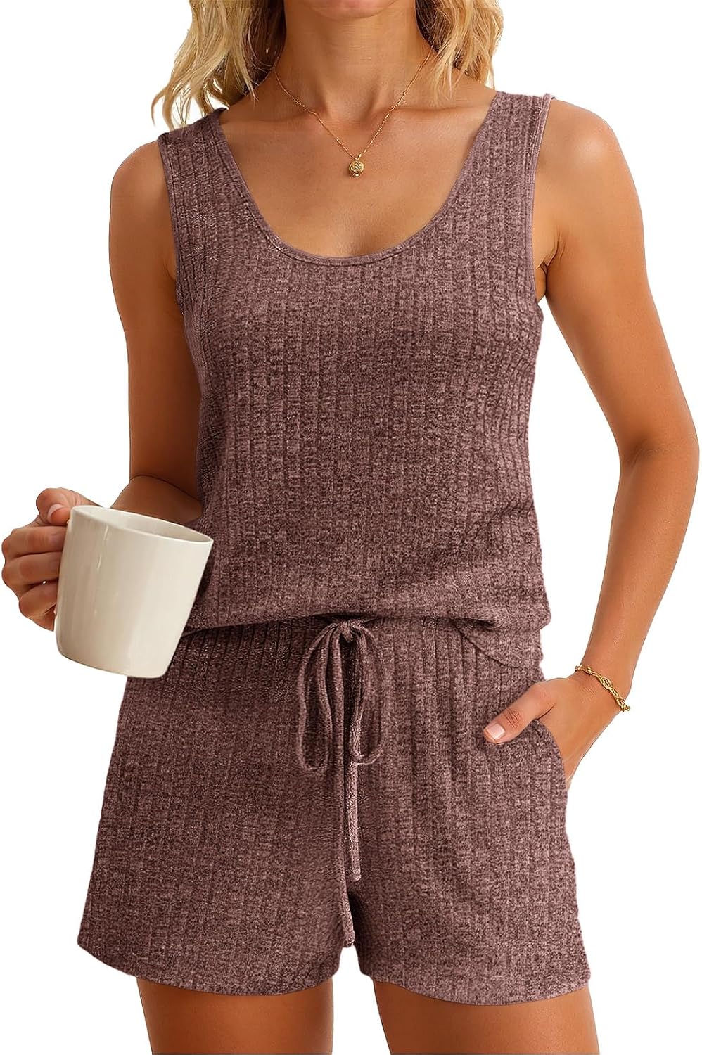 Imily Bela Womens Pajama Sets 2 Piece Sleeveless Summer Pjs Ribbed Knit Tank Top and Shorts Cute Lounge Sleepwear