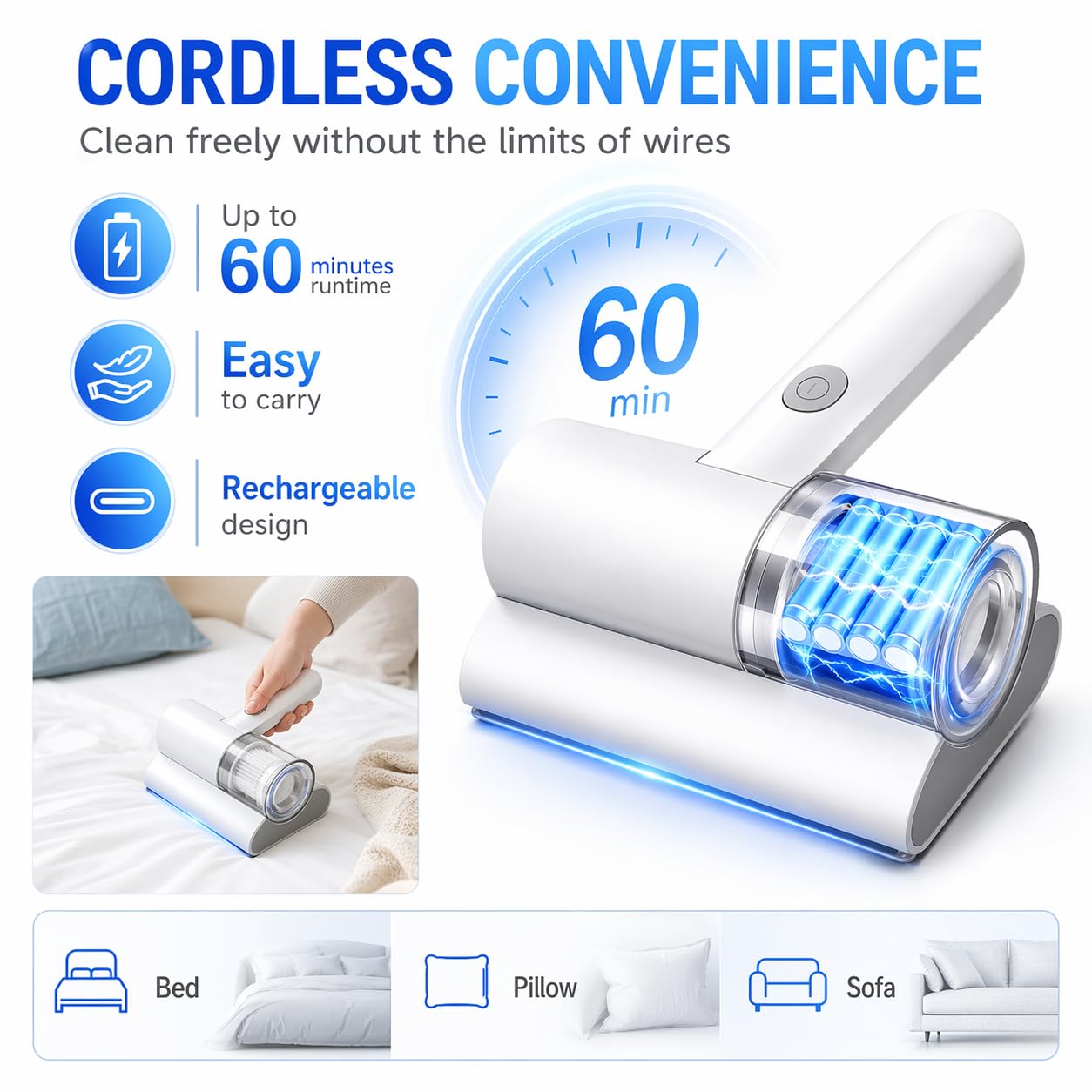 Aspiradora Antiacaros, Aspirador Acaros Sofa y Colchon con Una Gran Potencia de Aspiración, Aspirador Antiacaros para Colchones y Sofás Ropa de Cama y Sofás de Tela (Blanco)